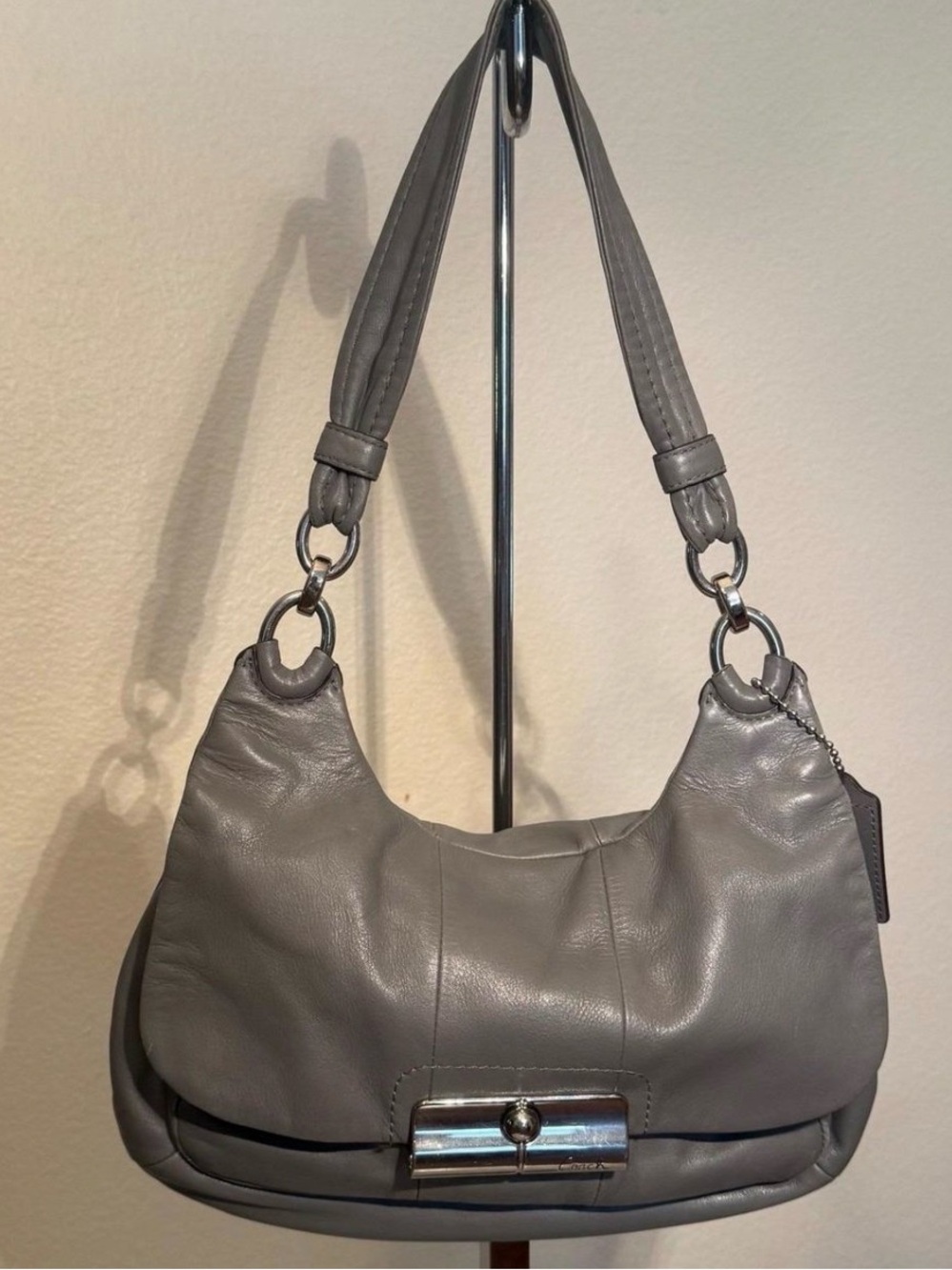 Coach Gray Leather Hobo Shoulder Bag with Silver Hardware